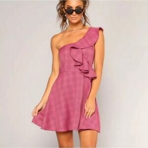 L Atiste By Amy NWT One Shoulder Pink Houndstooth Dress, Fit And Flare, Sz Med